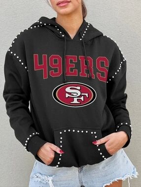 San Francisco 49ers Black Hoodie - Studded Pullover Sweatshirt